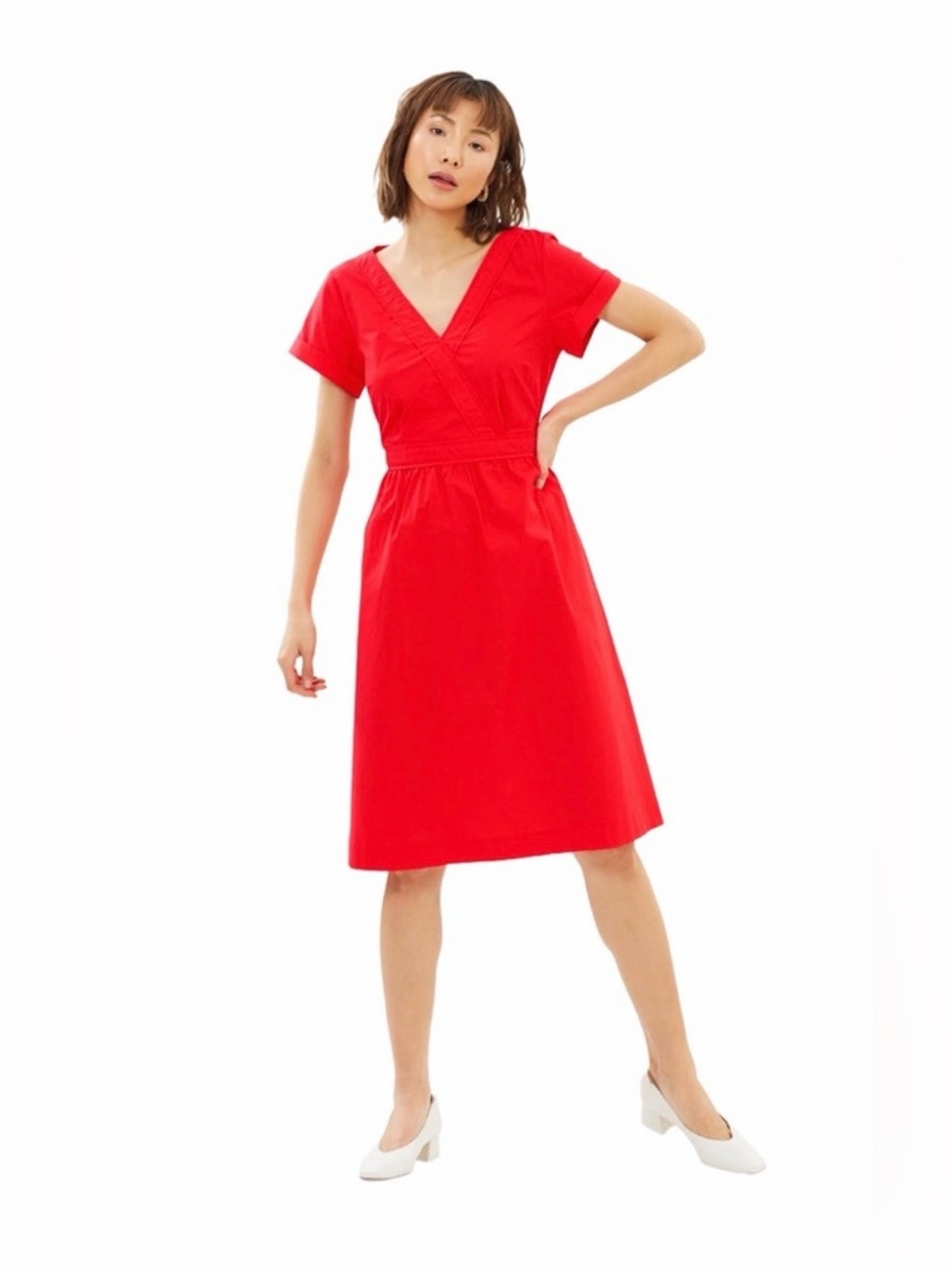 J Crew Red V-Neck Short Sleeve A-Line Dress w/ pockets Sz 8P
